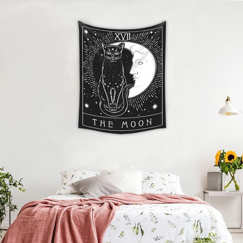 

Moon & Cat Print Tapestry, Black and white