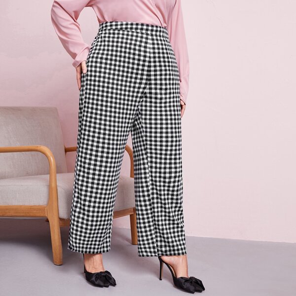 

Plus High Waist Gingham Wide Leg Pants, Black and white