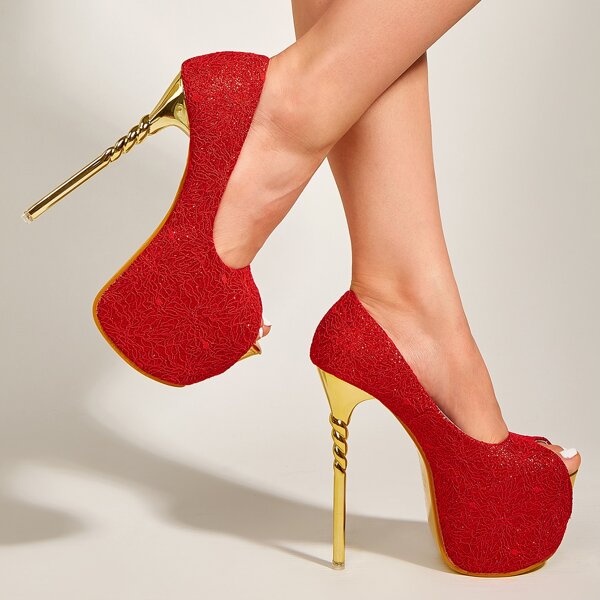 

Glitter Peep Toe Stiletto Heeled Pumps, Red
