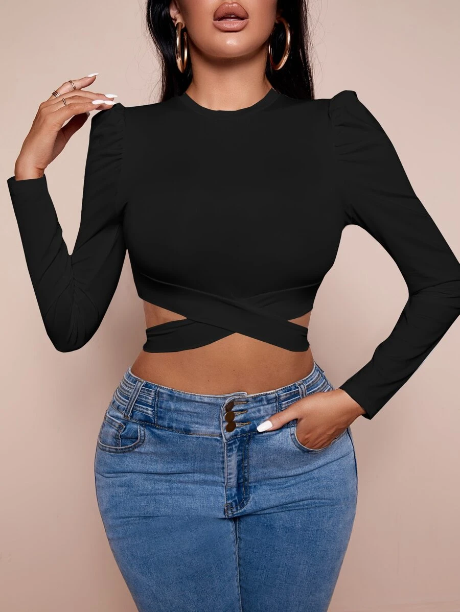 SHEIN SXY Áo thun nữ Hội Chữ thập màu trơn Thanh lịch - màu đen - Xem 1