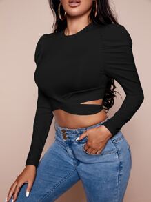 SHEIN SXY Áo thun nữ Hội Chữ thập màu trơn Thanh lịch - màu đen - Xem 5