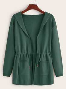 SHEIN LUNE Dual Pockets Drawstring Waist Hooded Cardigan - Green - View 1