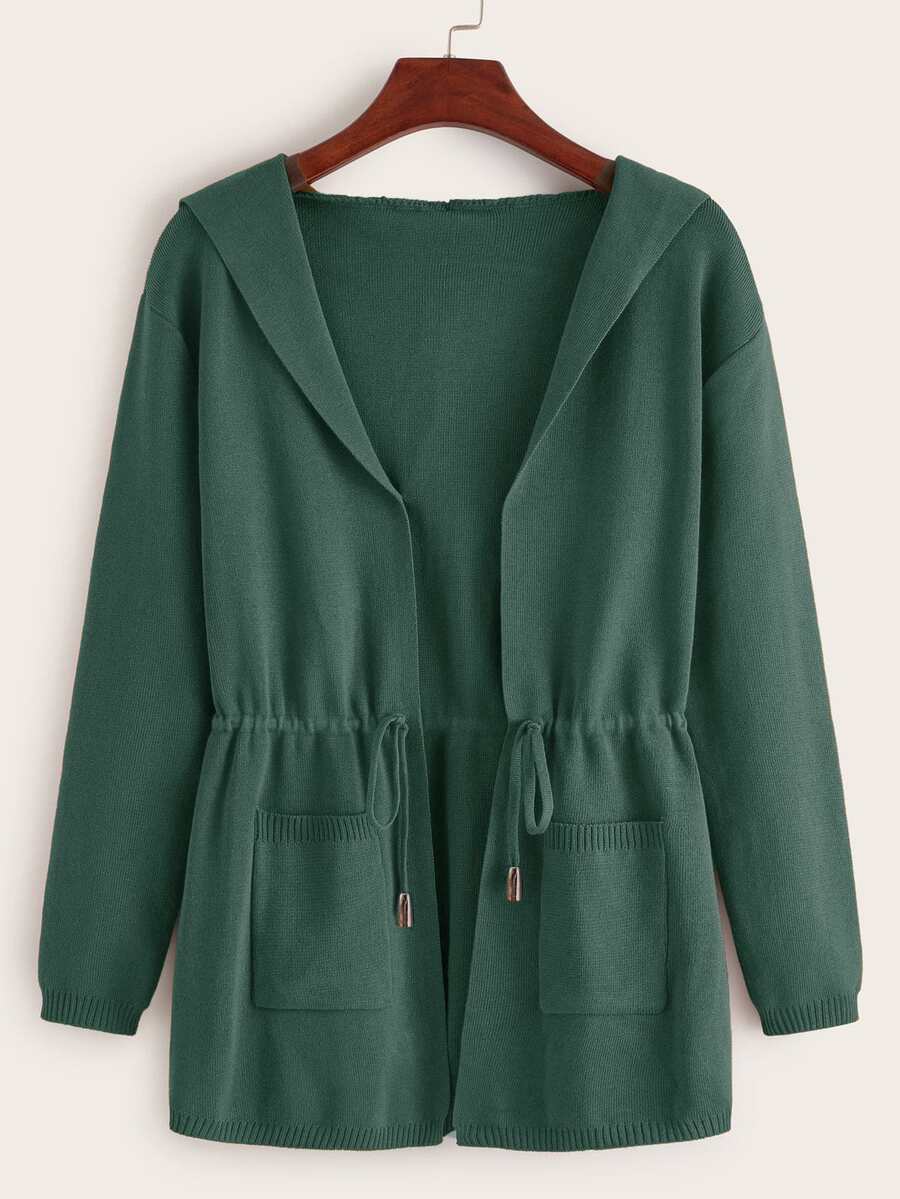 SHEIN LUNE Dual Pockets Drawstring Waist Hooded Cardigan - Green - View 1