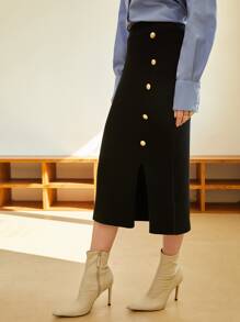 SHEIN High Waist Button Side Split Hem Knit Skirt - Black - View 3