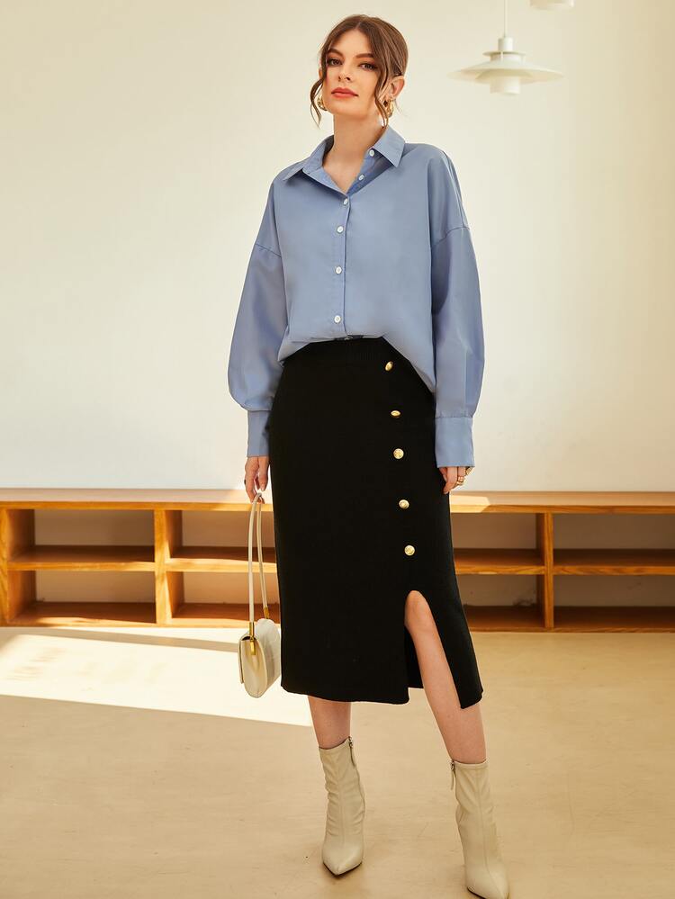 SHEIN Falda de punto de talle alto con botón lateral bajo con abertura - Negro - Añade 4