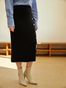 SHEIN High Waist Button Side Split Hem Knit Skirt - Black - View 5