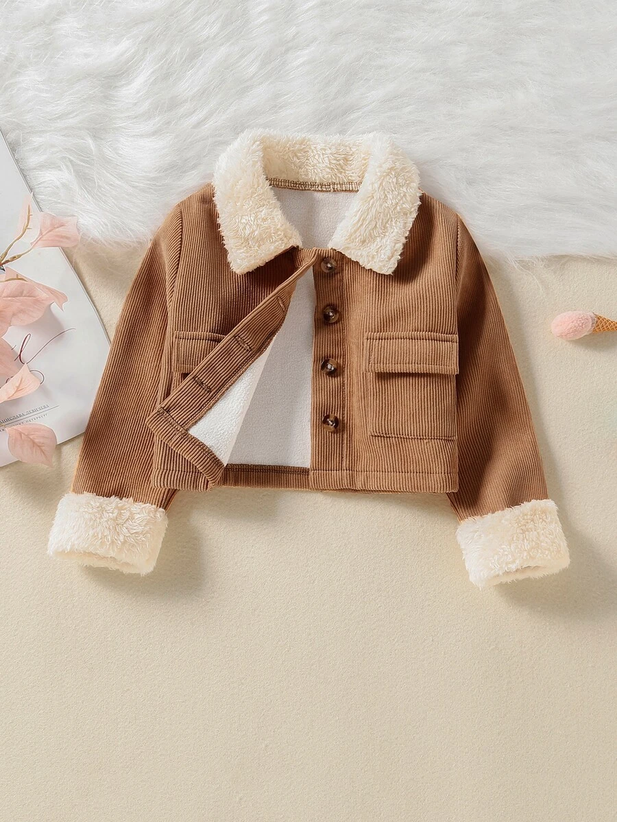 Toddler Girl Jackets Tương phản ren Túi Khối Màu Giải trí - màu nâu - Xem 1