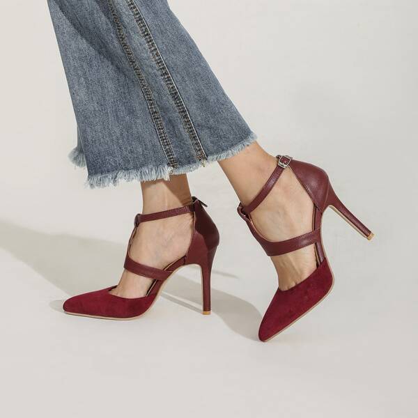 

Point Toe Stiletto Ankle Strap Pumps, Burgundy