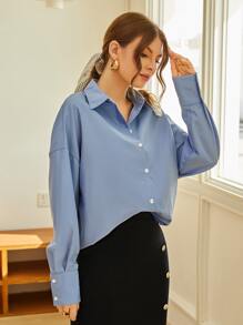 Mulvari Blusa de hombros caídos con abertura trasera - Neblina azul - Ver 1