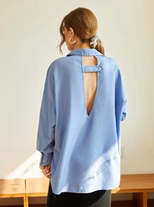 Mulvari Blusa de hombros caídos con abertura trasera - Neblina azul - Ver 2