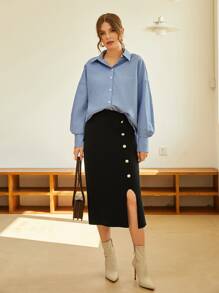 Mulvari Blusa de hombros caídos con abertura trasera - Neblina azul - Ver 3