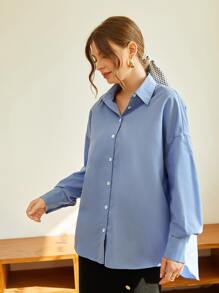 Mulvari Blusa de hombros caídos con abertura trasera - Neblina azul - Ver 4