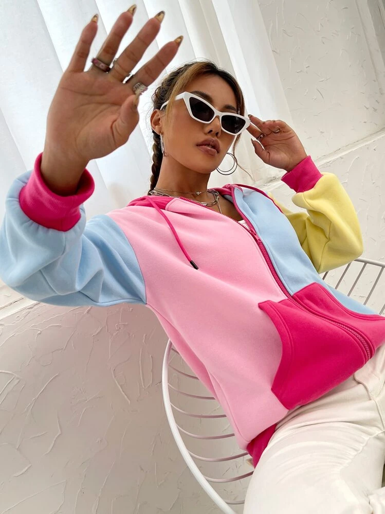 SHEIN EZwear קפוצ'ון רוכסן מחולק לצבעים - ריבוי צבעים - ראה 4