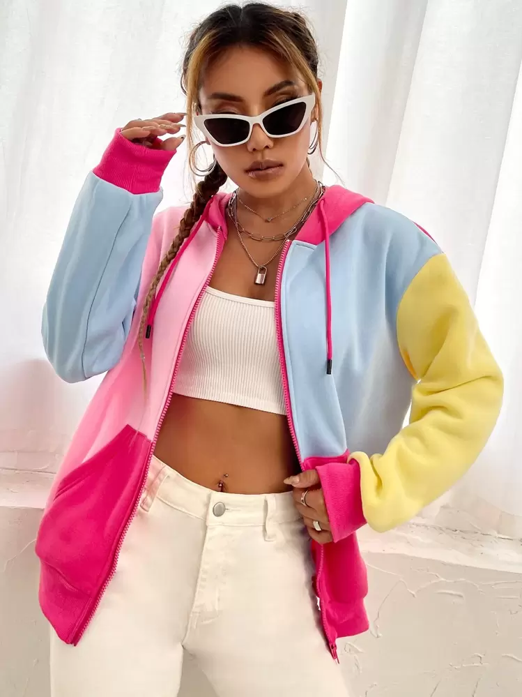 SHEIN EZwear קפוצ'ון רוכסן מחולק לצבעים - ריבוי צבעים - ראה 5