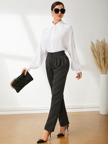 UNIQUE21 High Waist Pinstripe Plicated Detail Trousers - Black - View 6