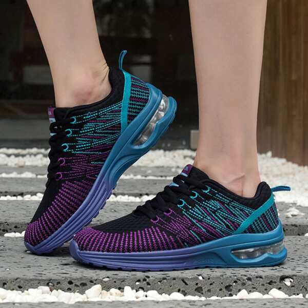 

Colorblock Knit Lace-up Running Shoes, Purple