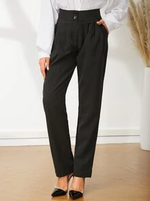UNIQUE21 High Waist Pinstripe Plicated Detail Trousers - Black - View 5