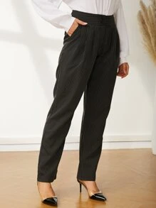 UNIQUE21 High Waist Pinstripe Plicated Detail Trousers - Black - View 1