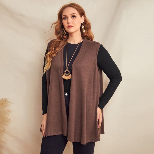 

Plus Solid Open Front Vest Coat, Coffee brown
