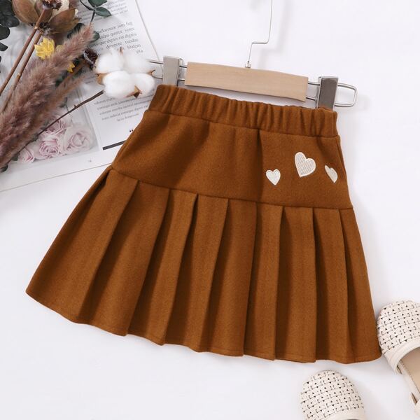 

Toddler Girls Heart Embroidery Pleated Wool-Mix Skirt, Brown