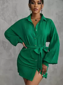 Slaydiva 落肩袖腰帶襯衫洋裝 - 綠色 - 查看 1