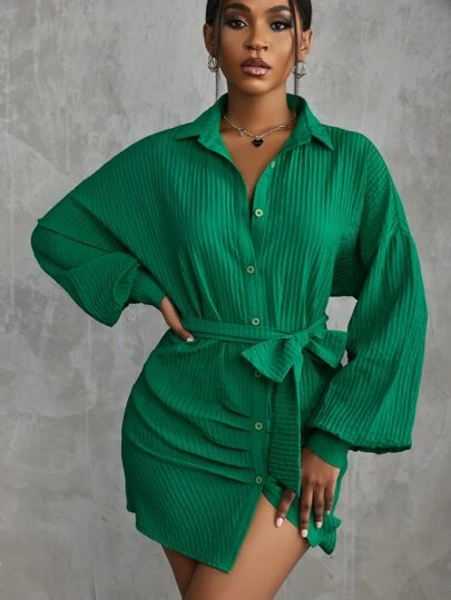 Slaydiva 落肩袖腰帶襯衫洋裝