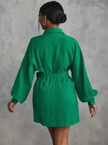 Slaydiva 落肩袖腰帶襯衫洋裝 - 綠色 - 查看 2