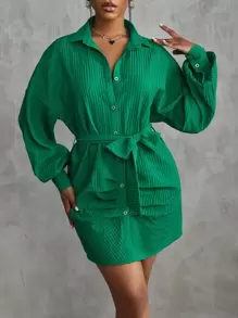 Slaydiva 落肩袖腰帶襯衫洋裝 - 綠色 - 查看 3