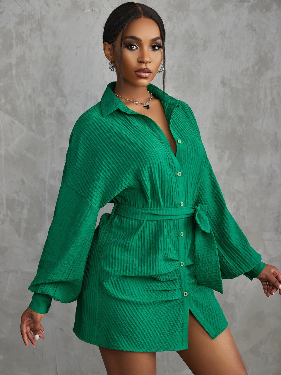 Drop Shoulder Belted Shirt Dress