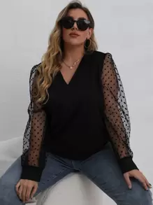 Sudadera con malla jacquard en contraste de manga farol - Negro - Ver 1