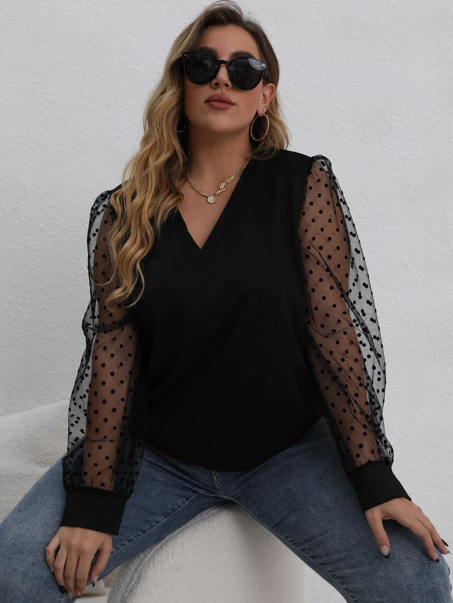 Sudadera con malla jacquard en contraste de manga farol - Negro - Ver 1