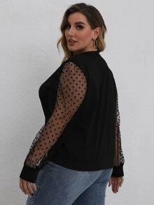 Sudadera con malla jacquard en contraste de manga farol - Negro - Ver 2