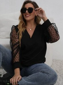 Sudadera con malla jacquard en contraste de manga farol - Negro - Ver 3