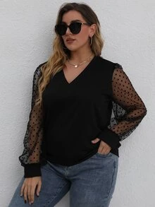 Sudadera con malla jacquard en contraste de manga farol - Negro - Ver 4