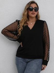 Sudadera con malla jacquard en contraste de manga farol - Negro - Ver 5