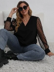 Sudadera con malla jacquard en contraste de manga farol - Negro - Ver 6