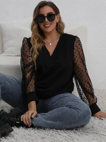 Sudadera con malla jacquard en contraste de manga farol - Negro - Ver 7