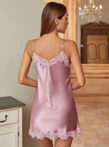 Contrast Lace Satin Cami Night Dress - Dusty Pink - View 2