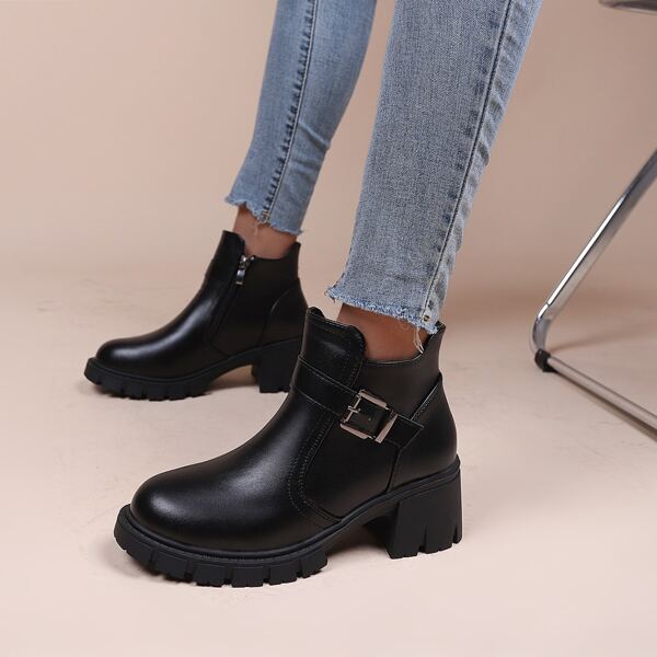 

Buckle Detail Side Zip Chunky Heeled Boots, Black
