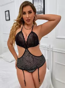 大碼鏤空吊脖吊帶襪緊身套裝 - 黑色 - 查看 5