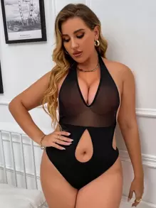 Bộ đồ liền thân Teddy hở lưng lưới tương phản cắt xẻ - màu đen - Xem 1