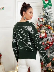 SHEIN Essnce V-neck Star Pattern Sweater - Dark Green - View 2