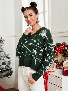 SHEIN Essnce V-neck Star Pattern Sweater - Dark Green - View 5