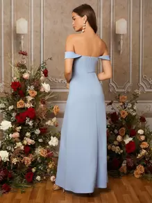 SHEIN Belle Off Shoulder Split Thigh Bridesmaid Dress Elegant Formal Evening Prom Wedding Guest Gown, For Graduation, Dinner Party Dress