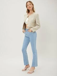 MOTF PREMIUM Áo khoác ngoài nữ Nút phía trước Sọc ca rô Thanh lịch - Màu be - Xem 1