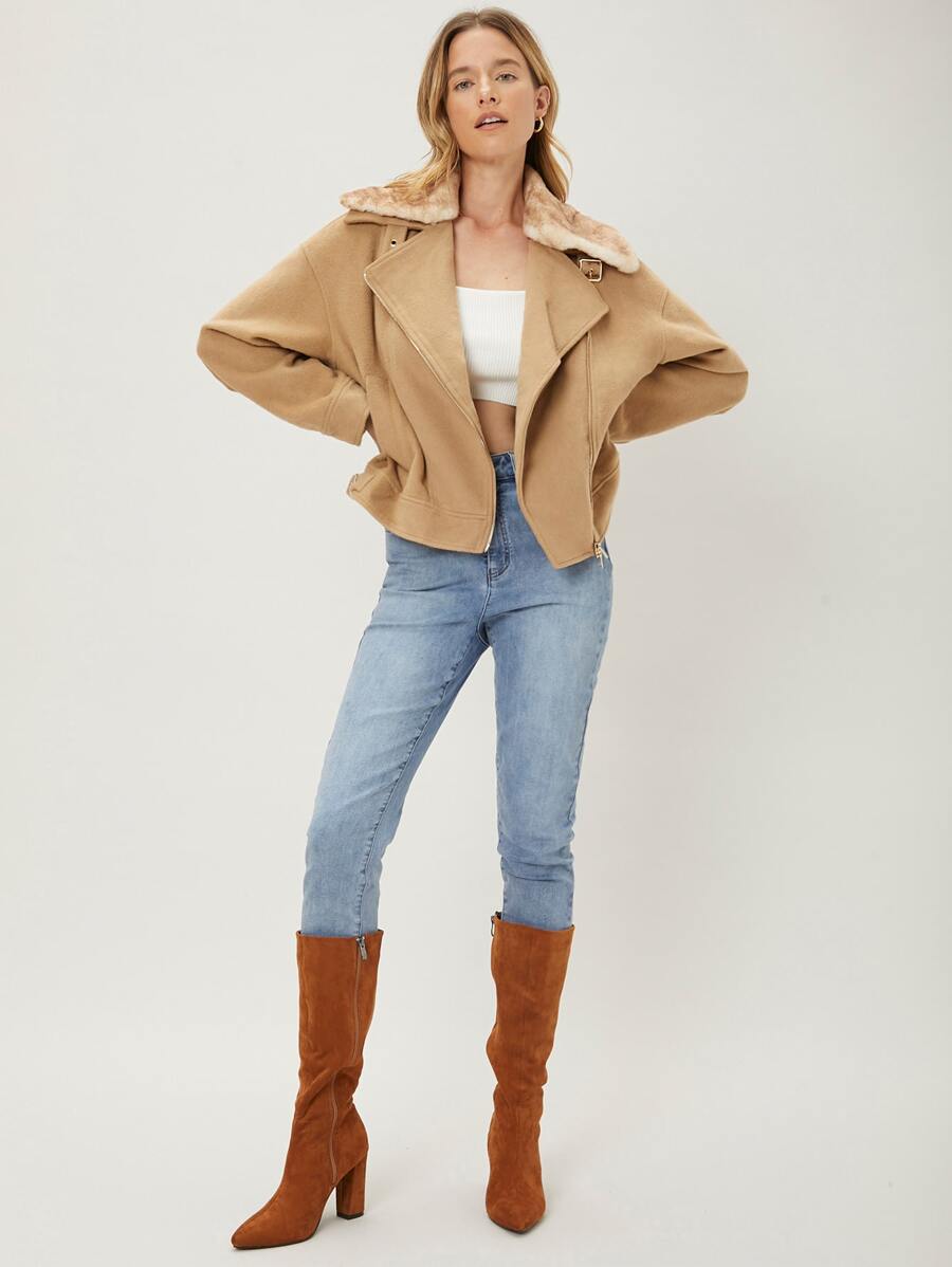 MOTF PREMIUM WOOL BLEND BIKER OVERCOAT - Khaki - View 1