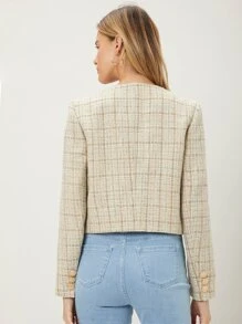 MOTF PREMIUM Áo khoác ngoài nữ Nút phía trước Sọc ca rô Thanh lịch - Màu be - Xem 2