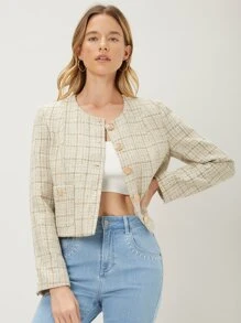 MOTF PREMIUM Áo khoác ngoài nữ Nút phía trước Sọc ca rô Thanh lịch - Màu be - Xem 3