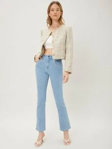 MOTF PREMIUM Áo khoác ngoài nữ Nút phía trước Sọc ca rô Thanh lịch - Màu be - Xem 4