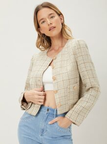 MOTF PREMIUM Áo khoác ngoài nữ Nút phía trước Sọc ca rô Thanh lịch - Màu be - Xem 5